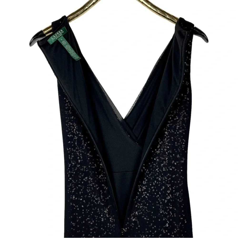 LAUREN RALPH LAUREN EVENING CASCADE SEQUIN COLUMN FAUX WRAP SHEATH GOWN DRESS